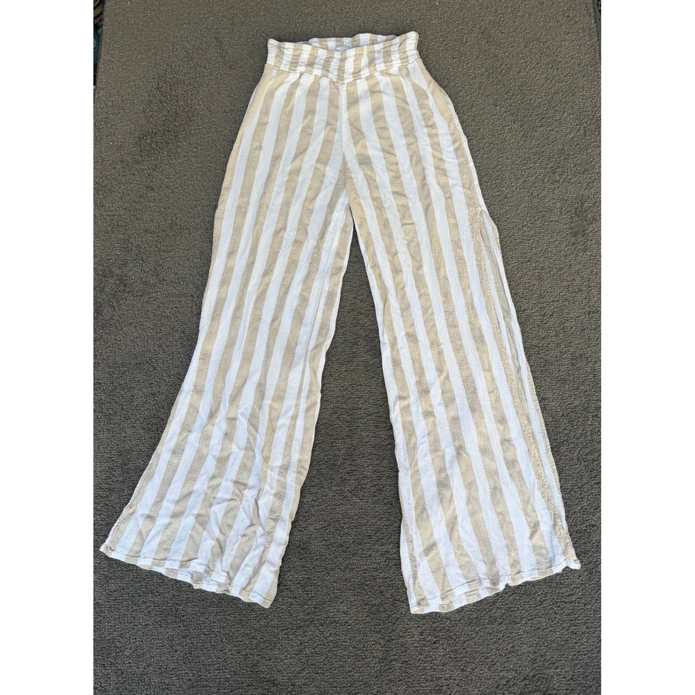 O'Neill‎ Womens XS Tan White Striped Wide Leg Smocked Waist Beach Pants Viscose